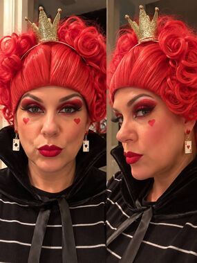 NEW Queen of Hearts Costume 3PC Set Red Curly Wig Black Collar Card Earrings